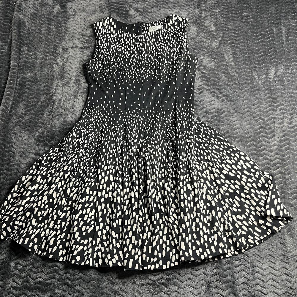 Eliza J Dress Womens Black White Polka Dot Fit Flare Ruched Waistband size 4P